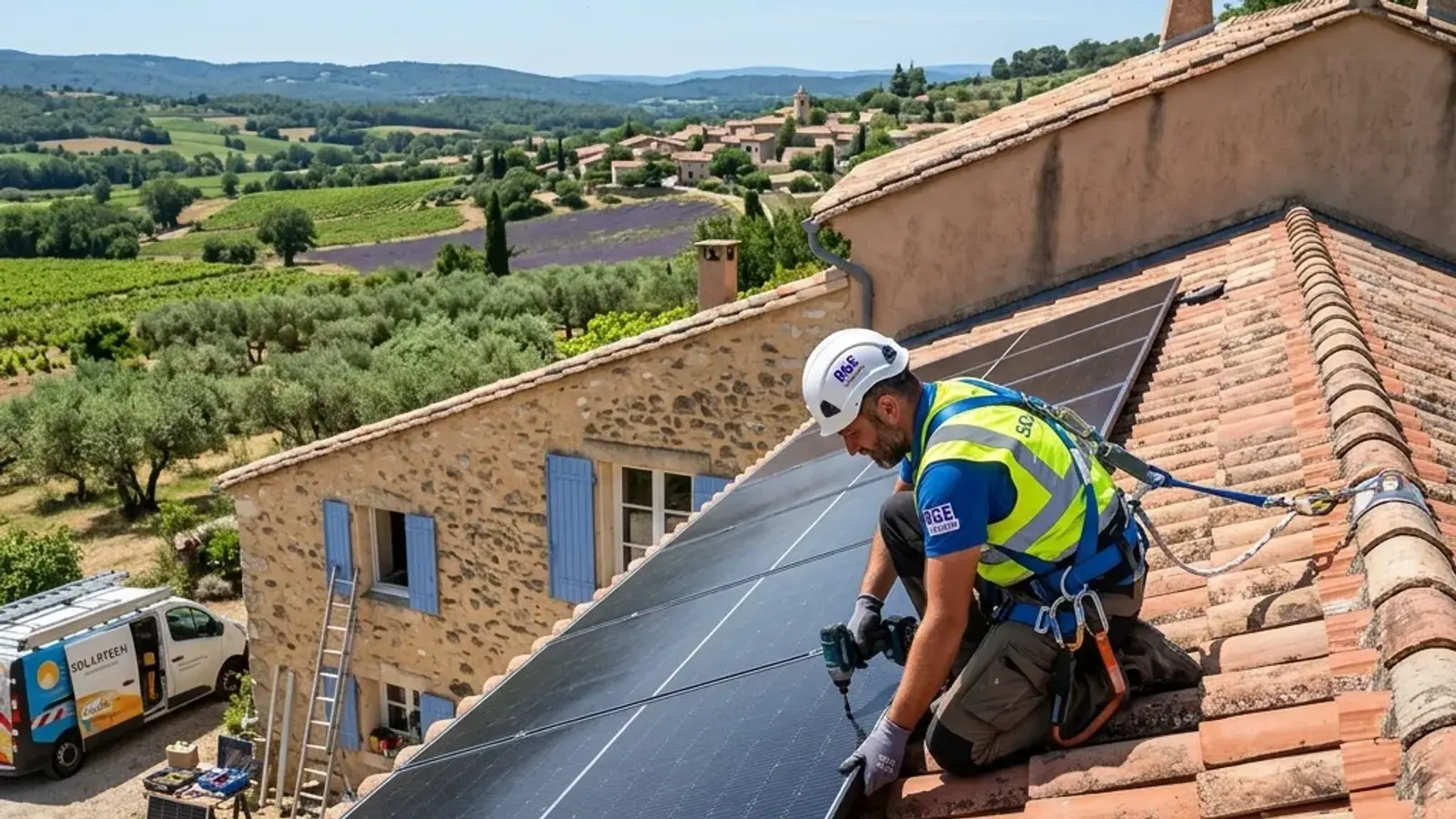 Installateur photovoltaïque posant des panneaux sur une toiture en tuiles provençale dans le Var, face aux vignes et à un village perché